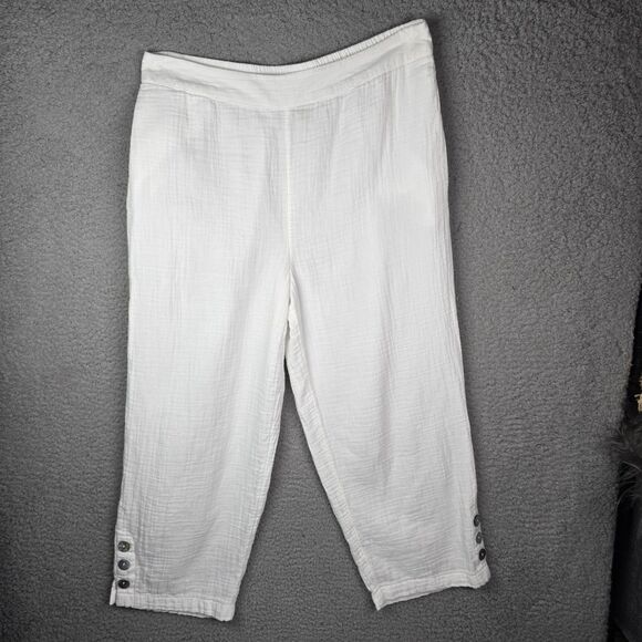 APPLESEEDS Womens White 100 Cotton Cropped Pants M Shell Button Pocket Capri - Picture 1 of 10